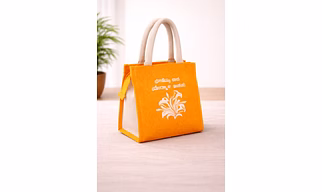 Printed Natural Orange Jute Gift Bag with Cotton Handles – Eco-Friendly Compact Jute Gift Bag for Wholesale Export Supply