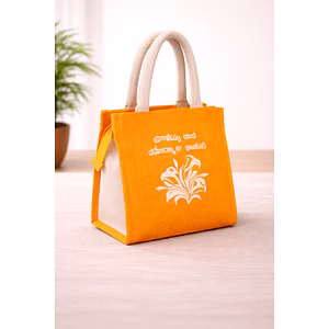 Printed Natural Orange Jute Gift Bag with Cotton Handles – Eco-Friendly Compact Jute Gift Bag for Wholesale Export Supply