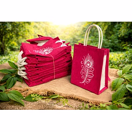 elegant pink non-woven jute gift bag with white feather print & natural braided rope handles for wholesale export supply