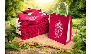Elegant Pink Non-Woven Jute Gift Bag with White Feather Print & Natural Braided Rope Handles for Wholesale Export Supply