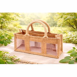 natural jute 3-bottle promotional bag with internal dividers, clear view windows, and reinforced padded cotton rope for wholesale export