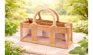 Natural Jute 3-Bottle Promotional Bag with Internal Dividers, Clear View Windows, and Reinforced Padded Cotton Rope for Wholesale Export