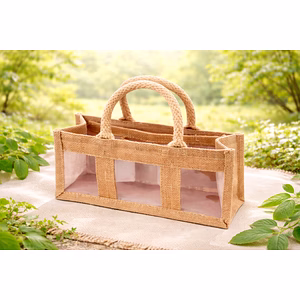 Natural Jute 3-Bottle Promotional Bag with Internal Dividers, Clear View Windows, and Reinforced Padded Cotton Rope for Wholesale Export