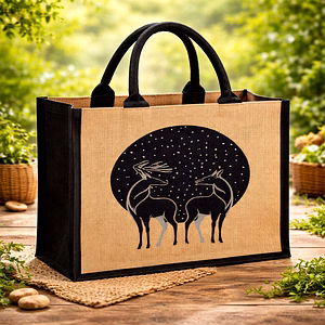 Eco-Friendly Deer Graphic Jute Shopping Bag with Black Gussets - Wholesale Bulk Export Supply