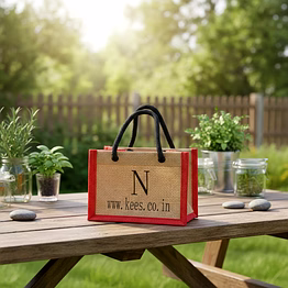 eco-friendly custom printed jute mini shopping bag with red gussets and black rope handles