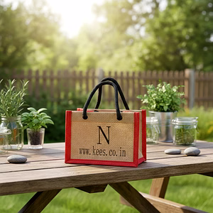 Eco-Friendly Custom Printed Jute Mini Shopping Bag with Red Gussets and Black Rope Handles