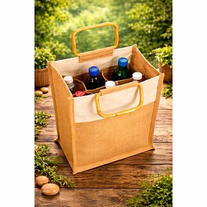Multi-Compartment Jute Carrier Bag for Six Bottles - Stylish Burlap Tote with Cane Handles