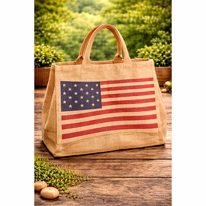 Eco-Friendly Printed Jute Tote Bag with USA Flag Design – Durable Reusable Shopping Bag with Strong Handles for Wholesale Bulk Export Supply