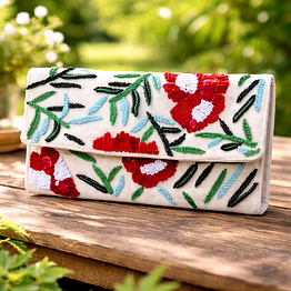 artisanal floral beaded envelope clutch bag with red flower embroidery, green and blue leaf pattern for international wholesale bulk supply