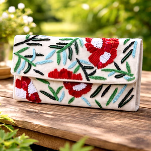 Artisanal Floral Beaded Envelope Clutch Bag with Red Flower Embroidery, Green and Blue Leaf Pattern  for International Wholesale Bulk Supply