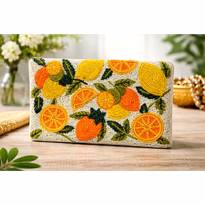 Handcrafted Citrus Fruit Beaded Clutch with Lemon & Orange Design, Eco-Friendly Cotton Evening Fashionable Clutch for Wholesale Bulk Export Supply