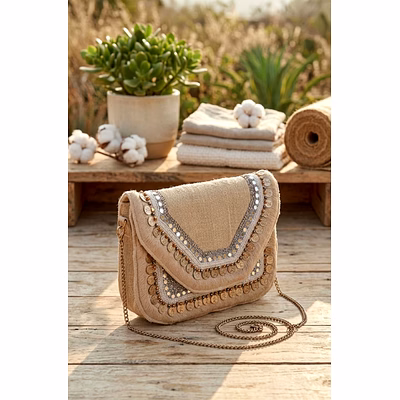 Handcrafted Natural Jute BOHO Bag with Ornate Coins and Beaded Fringe, Mirror Work Embroidery and Elegant Metallic Crossbody  Chain Strap - Wholesale Bulk Export-BH03