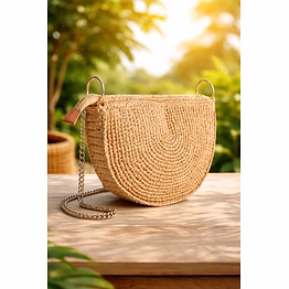 handwoven natural jute half-moon sling bag with metal chain strap – eco-friendly boho crossbody handbag for women, artisan woven fashion bag for wholesale export