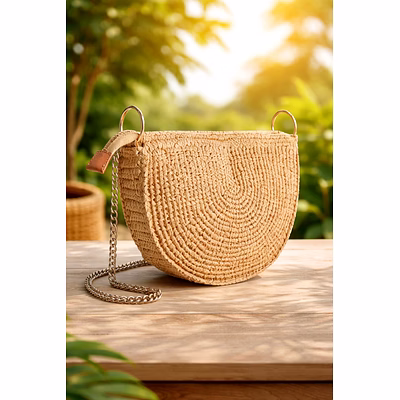 Handwoven Natural Jute Half-Moon Sling Bag with Metal Chain Strap – Eco-Friendly Boho Crossbody Handbag for Women, Artisan Woven Fashion Bag for Wholesale Export-JLSB9