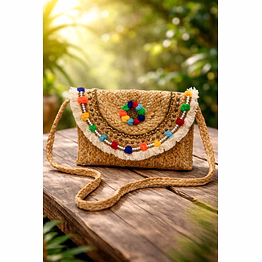 handcrafted natural jute sling clutch bag with multicolor beaded embellishments – eco-friendly woven crossbody purse with fringe flap for women, boho chic style for wholesale export