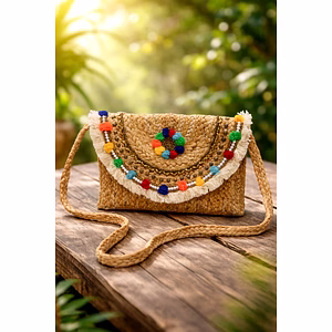 Handcrafted Natural Jute Sling Clutch Bag with Multicolor Pom-Pom & Beaded Embellishments – Eco-Friendly Woven Crossbody Purse with Fringe Flap for Women, Boho Chic Style for Wholesale Export