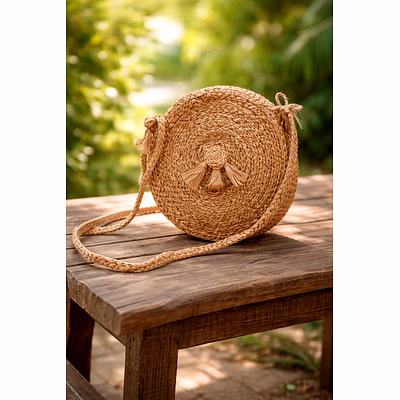 Handwoven Round Jute Sling Bag for Women – Eco-Friendly Natural Fiber Crossbody Purse with Tassel Detail, Lightweight Boho Chic Ladies Handbag for Wholesale Export-JLSB7