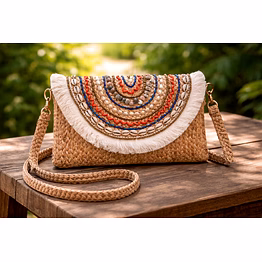 eco-friendly handmade jute sling bag with shell, bead, and fringe accents: bohemian chic women's envelope purse, sustainable fashion evening handbag for bulk wholesale export