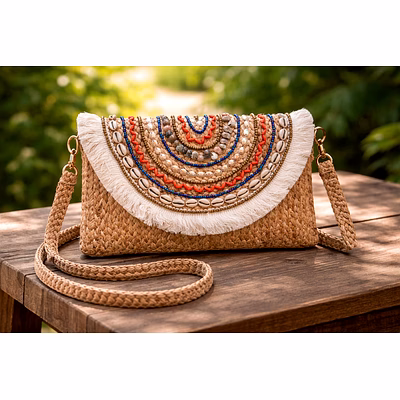 Eco-Friendly Handmade Jute Sling Bag with Shell, Bead, and Fringe Accents: Bohemian Chic Women's Envelope Purse, Sustainable Fashion Evening Handbag for Bulk Wholesale Export-JLSB20
