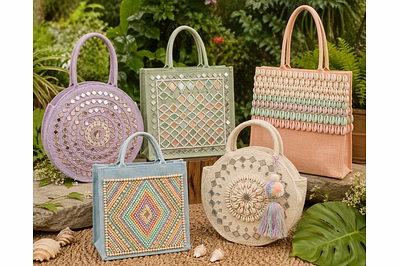 Sustainable fashion tote bags in diverse designs and colors with traditional craftsmanship and moder
