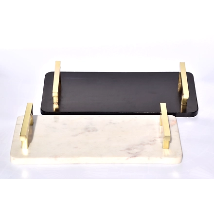 SHILPWARE Cheese &amp; Bread Marble Tray with Gold Handle-BLACK-1