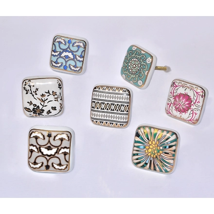 Shilpware Ceramic Square Knobs Drawer Pulls for Cabinets and Home Kitchen (42mm, Gold Multicolour ) Ceramic Square Knob-DN1-1