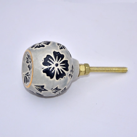 SHILPWARE Round Floral Grey/Fancy Dots Ceramic Cabinet Knobs Handmade/Designer and Traditional Drawer Knob-130020-DN1