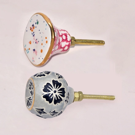 SHILPWARE Round Floral Grey/Fancy Dots Ceramic Cabinet Knobs Handmade/Designer and Traditional Drawer Knob-DN1-1