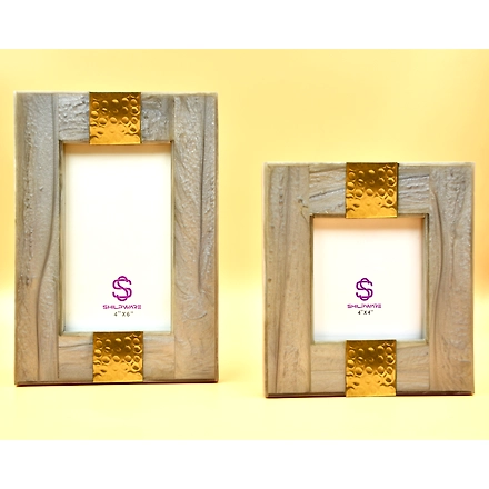 SHILPWARE Resin with Brass Hammered Photo Frame || Wall hangings-Cream-4 x 4 Inch-3