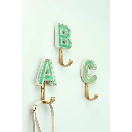 ALPHABET GREEN CRACKLE GLAZED HOOKS IN ANTIQUE BRASS-Blue-A-2