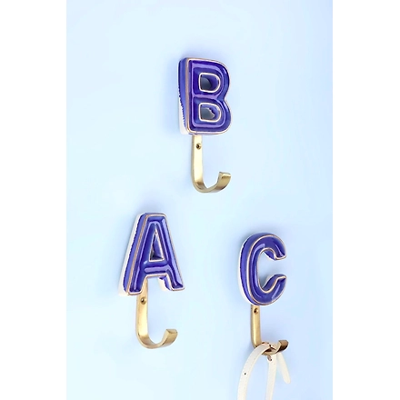 ALPHABET GREEN CRACKLE GLAZED HOOKS IN ANTIQUE BRASS-Blue-A-3
