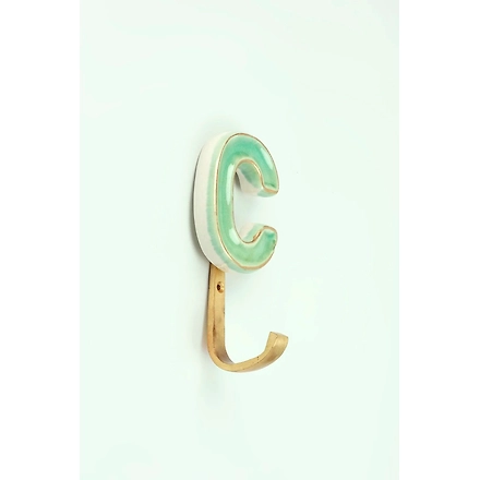 ALPHABET GREEN CRACKLE GLAZED HOOKS IN ANTIQUE BRASS-Blue-A-9