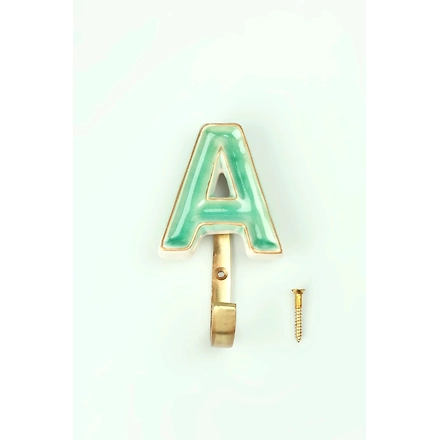 ALPHABET GREEN CRACKLE GLAZED HOOKS IN ANTIQUE BRASS-Blue-A-8