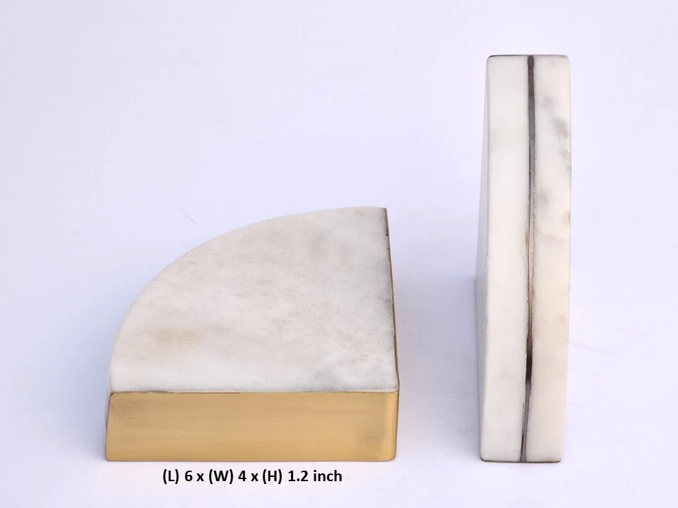 SHILPWARE Marble Bookends (Set of 2) Marble With Brass Strip-White-1