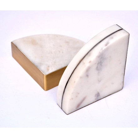 SHILPWARE Marble Bookends (Set of 2) Marble With Brass Strip-White-3