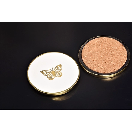 Shilpware White resin with Brass  Inlaid butterfly coasters Handmade/Designer and Traditional Round/Square/Hexagonal Shape Coasters-White-2