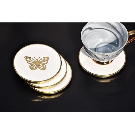 Shilpware White resin with Brass  Inlaid butterfly coasters Handmade/Designer and Traditional Round/Square/Hexagonal Shape Coasters-White-1