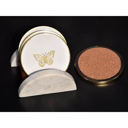 Shilpware White resin with Brass  Inlaid butterfly coasters Handmade/Designer and Traditional Round/Square/Hexagonal Shape Coasters-White-3