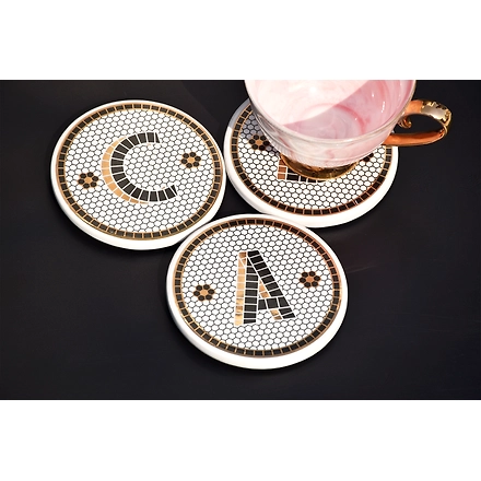 SHILPWARE PUB BLACK AND GOLD TILE MONOGRAM ALPHABET INITIAL COASTERS-B-1