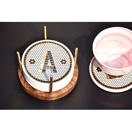 SHILPWARE PUB BLACK AND GOLD TILE MONOGRAM ALPHABET INITIAL COASTERS-B-4