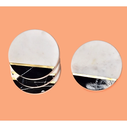Shilpware White and Black Marble with Brass Coaster Handmade/Designer and Traditional Round Shape Coasters-140006