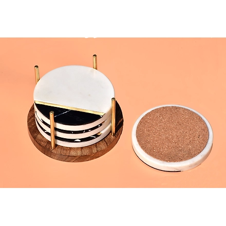 Shilpware White and Black Marble with Brass Coaster Handmade/Designer and Traditional Round Shape Coasters-1