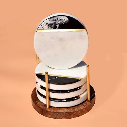 Shilpware White and Black Marble with Brass Coaster Handmade/Designer and Traditional Round Shape Coasters-2