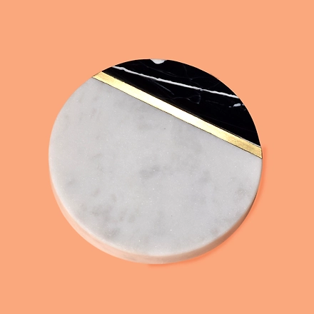 Shilpware White and Black Marble with Brass Coaster Handmade/Designer and Traditional Round Shape Coasters-3