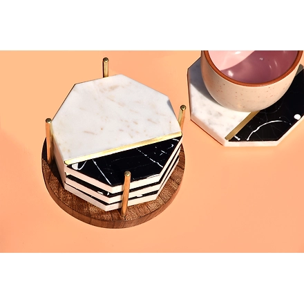 Shilpware White and Black Marble with Brass Coaster Handmade/Designer and Traditional Hexagonal Shape Coasters-1