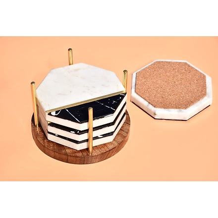 Shilpware White and Black Marble with Brass Coaster Handmade/Designer and Traditional Hexagonal Shape Coasters-2