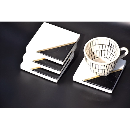 Shilpware White and Black Marble with Brass Coaster Handmade/Designer and Traditional Square Shape Coasters-140008