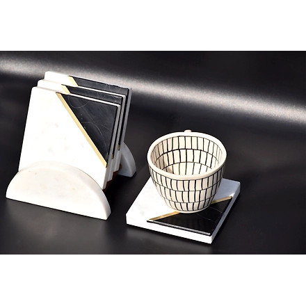 Shilpware White and Black Marble with Brass Coaster Handmade/Designer and Traditional Square Shape Coasters-2
