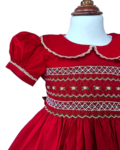 Christmas Red Hand Smocked Hand Embroidered Baby Girl Dress with White Floral Details for Holidays, Birthdays &amp; Festive Occasions-0 - 12 Months-1