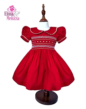 Christmas Red Hand Smocked Hand Embroidered Baby Girl Dress with White Floral Details for Holidays, Birthdays & Festive Occasions